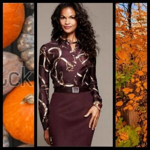 Talbots 100% Silk Brown Equestrian Novelty Top Shirt 14